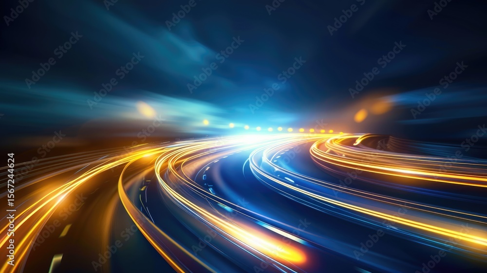 Poster a dynamic night scene of illuminated roads capturing movement and speed.