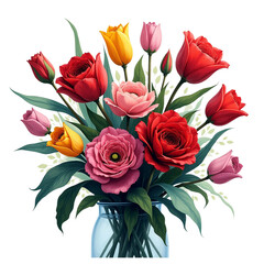 Vibrant spring bouquet red pink yellow tulips ranunculus flowers transparent background