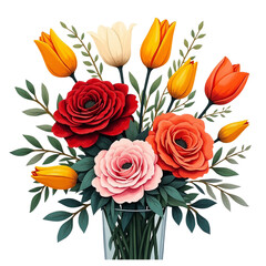 Vibrant spring bouquet roses tulips glass vase transparent background