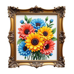 Vibrant sunflower and dahlia bouquet in ornate gold frame