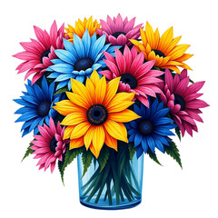 Vibrant sunflower and daisy bouquet in glass vase transparent background