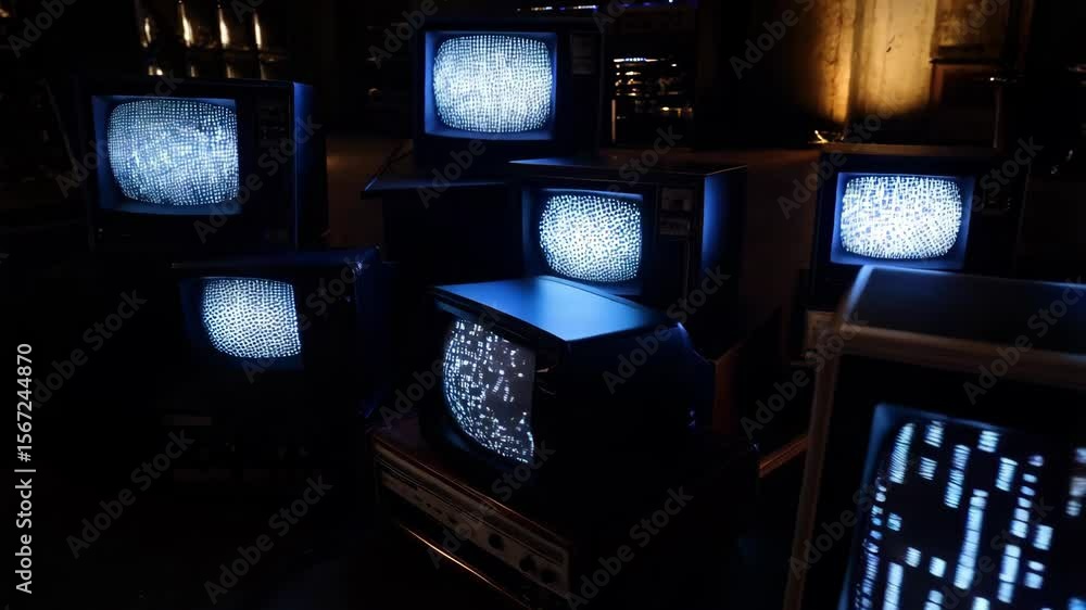 Poster retro televisions displaying glitch patterns in a dark ambient setting