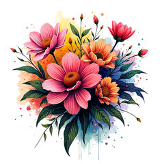 Vibrant watercolor flower bouquet transparent background