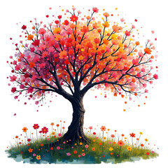 Vibrant watercolor tree blooming flowers transparent background