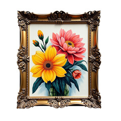 Vibrant yellow and pink dahlias in ornate frame