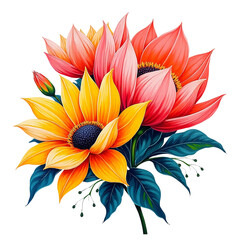 Vibrant yellow and pink flowers on transparent background
