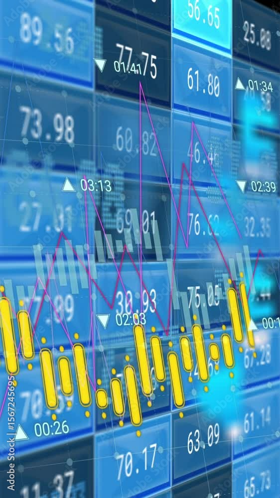 Poster animation of financial data processing on screens over black background