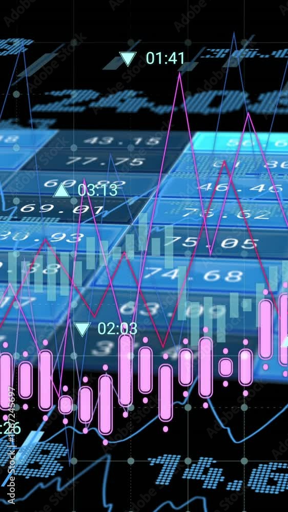 Poster animation of financial data processing on screens over black background