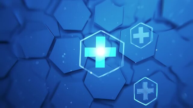 Dynamic blue honeycomb background with glowing medical cross symbols animation