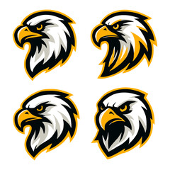 Four stylized e-sport logo of eagle head, displaying different angles and expressions against white background.