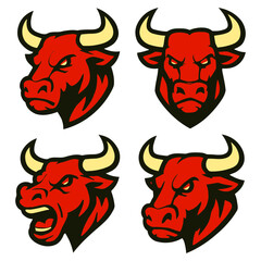 e-sport bull heads, red with yellow horns, facing different directions, showcasing aggressive expressions.