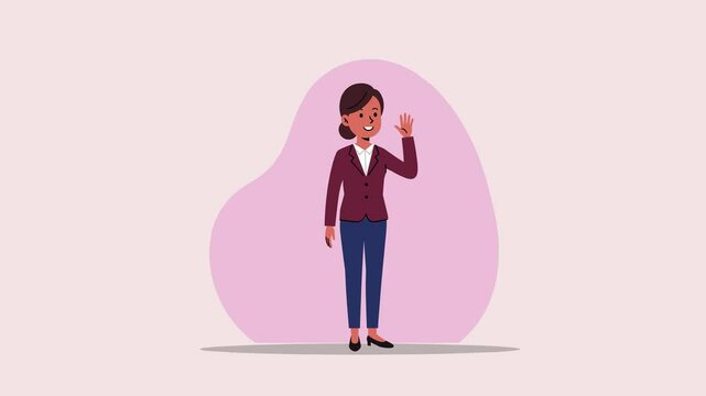 Animated woman with short dark hair wearing burgundy blouse and navy pants, waving hand, isolated on pastel pink background. Great for workplace animations, corporate explainers, and digital learning 