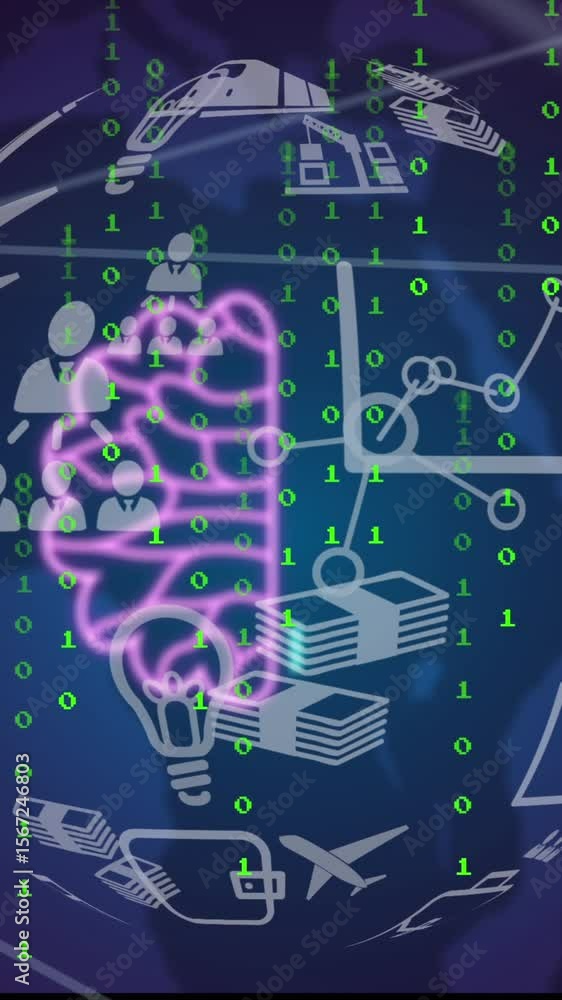 Poster animation of ai chat and data processing over globe on purple background