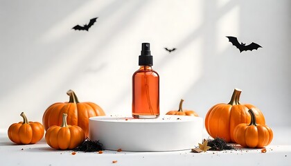 Autumnal arrangement featuring pumpkins, bats, and a cosmetic bottle suitable for Halloween promotions and fall themed designs.