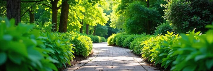 Sun-Dappled Pathway Lush Green Foliage Borders a Paved Walkway in a Serene Countryside Setting, Perfect for Landscaping and Nature-themed Designs.