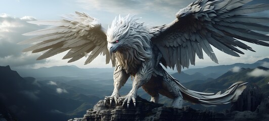 A haunted gothic white garuda perched on a wind-swept hil,ai generative