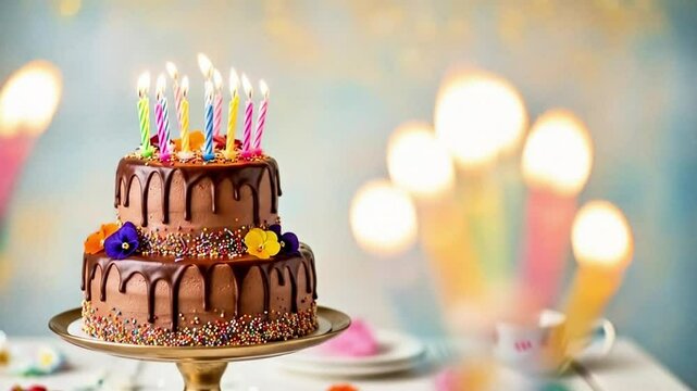 Delicious chocolate birthday cake with candles celebration party sweet dessert bakery treat happy occasion