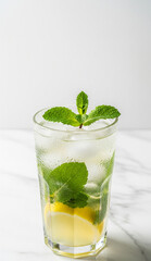Cold lemon and mint herbal infusion in a glass, close-up of summer drink