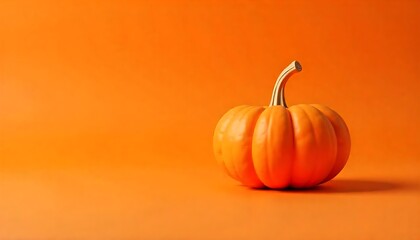 Vibrant pumpkin artfully displayed against a solid orange background for an autumn or Halloween themed concept.