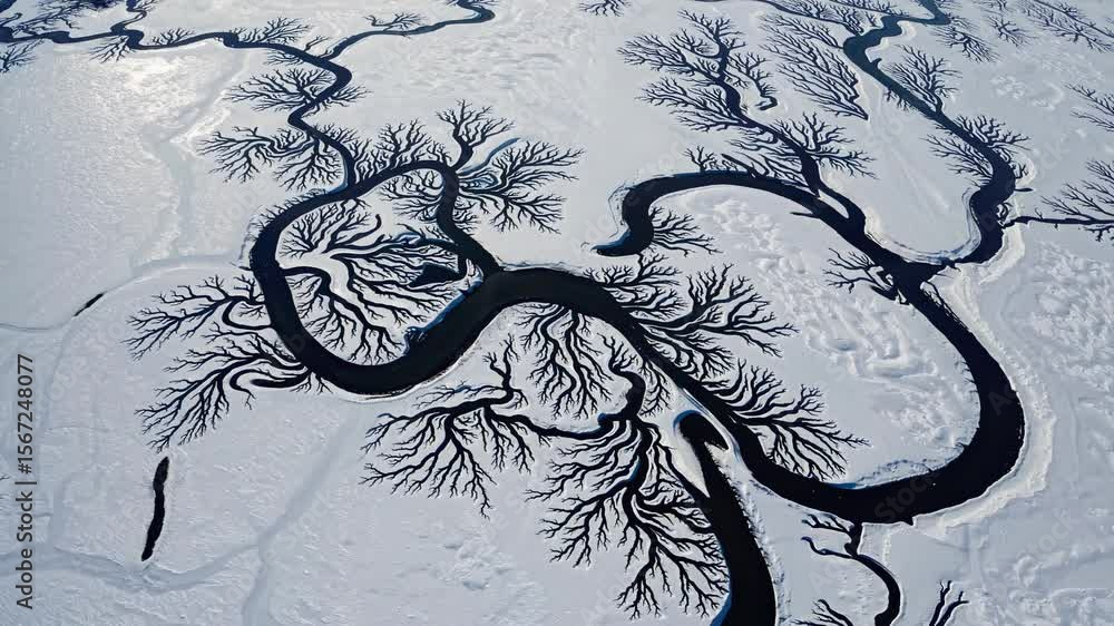 Poster aerial view of a frozen river resembling tree branches, creating a striking natural pattern. ideal f