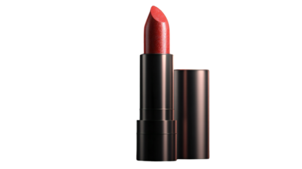 A vibrant red lipstick tube stands elegantly against a stark transparent background, perfect for beauty, fashion, or cosmetic product promotions, silhouette