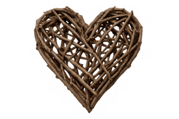 Entwined tree branches forming heart silhouette, representing natural connection, love symbolism against transparent backdrop