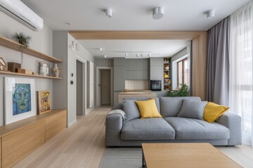 Modern Minimalist Living Room with Gray Sofa and Yellow Pillows