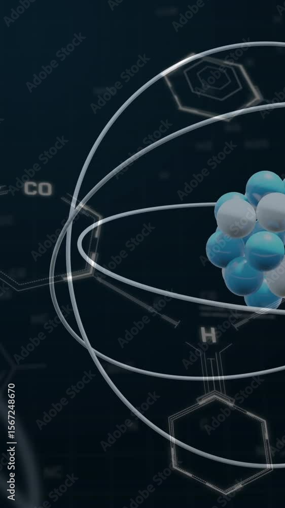 Poster animation of atom model spinning and data processing on black background