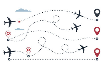 Airplane dotted route line set.Path travel line shapes with start point and dash line trace for plan vector set flat style plane icon from start pin point to finish isolated on white background.Airpla