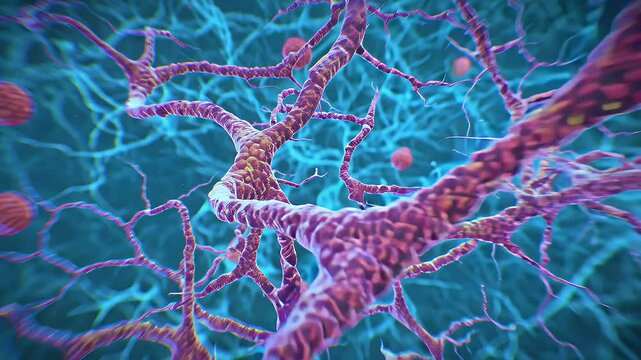 Vibrant, colorful animation depicting astrocytes gently enveloping neurons within the human brain.
