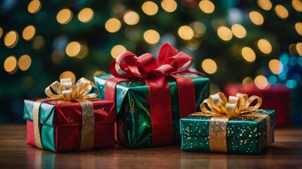 Two Christmas presents with ribbons on them sit on a wooden table