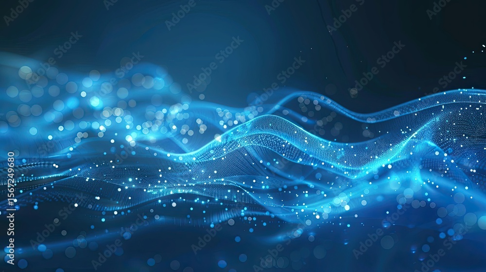 Poster abstract blue waves with sparkling particles, representing technology and digital concepts.