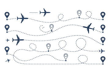 Airplane dotted route line set.Path travel line shapes with start point and dash line trace for plan vector set flat style plane icon from start pin point to finish isolated on white background.Airpla