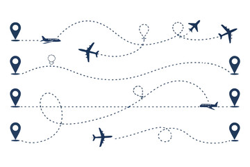 The flight path of the aircraft from the point of location along the dotted line.Airplane dashed lines path with start point and dash line trace vector seT