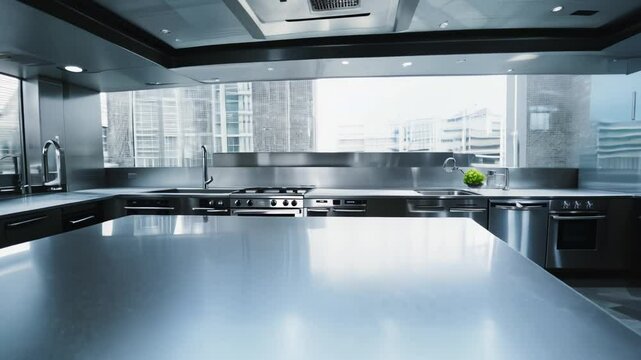 Professional empty restaurant kitchen showing stainless steel appliances
