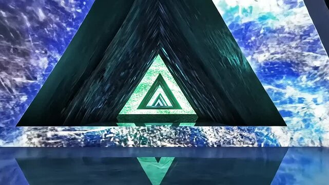Abstract geometric design featuring layered triangles with vibrant colors and reflections in a dark space