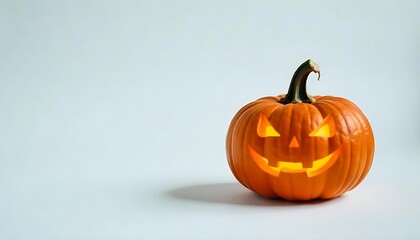 A single Halloween jack-o'-lantern glowing with a carved face sits against a plain white background, showcasing autumn themes.
