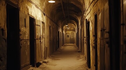Mysterious Dimly Lit Corridor with Old Doors Slightly Ajar