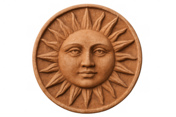 Clay bas-relief sculpture representing the sun with a human face, isolated on transparent background