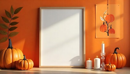 Frame mockup and pumpkin arrangement on a wooden shelf against a vibrant orange wall for autumn season display