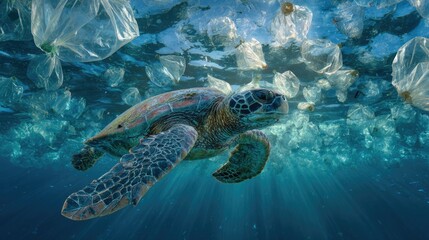 Fototapeta premium Ocean Pollution: An image of a sea turtle swimming through polluted ocean, with plastic bags and trash, a visual reminder of the environmental problem and its threat to marine life.