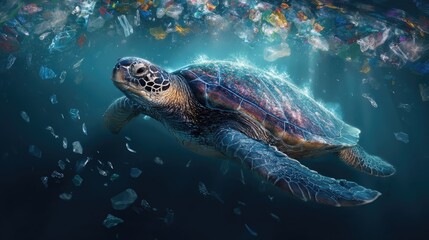 Fototapeta premium Ocean's Plight: A lone sea turtle navigates a polluted ocean, surrounded by plastic waste, highlighting the urgent need for environmental conservation and awareness.