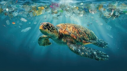 Fototapeta premium Ocean's Silent Plea: A sea turtle gracefully navigates a polluted ocean, juxtaposed with plastic waste, depicting the urgent need for environmental preservation.