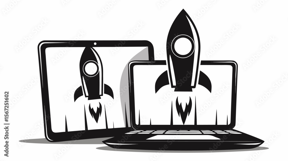 Poster illustration of a tablet and laptop displaying a rocket launching with a monochrome color scheme des