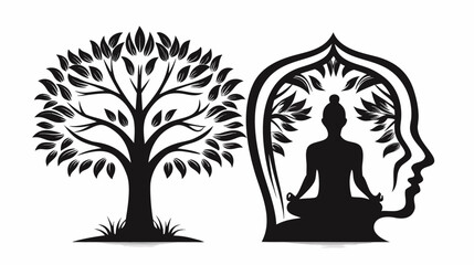 Illustration of a tree and a silhouette of a person meditating inside a head outline design with leaves
