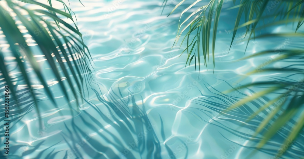 Aufkleber a serene view of clear water with palm leaves creating a tranquil atmosphere.