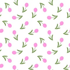 Pink tulip flowers with stem and leaves seamless repeat pattern. Cute spring flowers design for paper, fabric, wallpaper. Mother's day, women's day, birthday background.