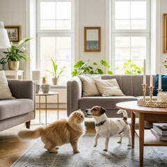 Cat on Sofa by Window and Dog in Living Room