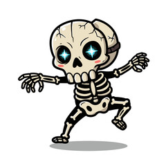 Energetic cartoon skeleton with glowing blue eyes, cracked skull, and animated limbs, appearing mid-dance.