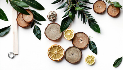 Aesthetic Flat Lay of Skincare Products and Natural Elements with Lemons and Greenery for Beauty and Wellness Promotion